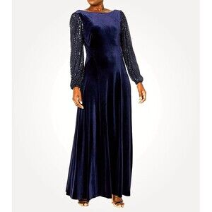 NWT Tahari Puff Long Sequin Sleeve Bateau Neck Velvet Gown Dress Navy $218 Sz. 8
